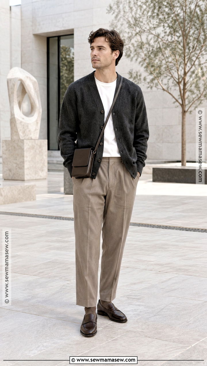 Mens Cardigan Outfit With Relaxed Trousers - 15 Mens Casual Fall Outfits 2026