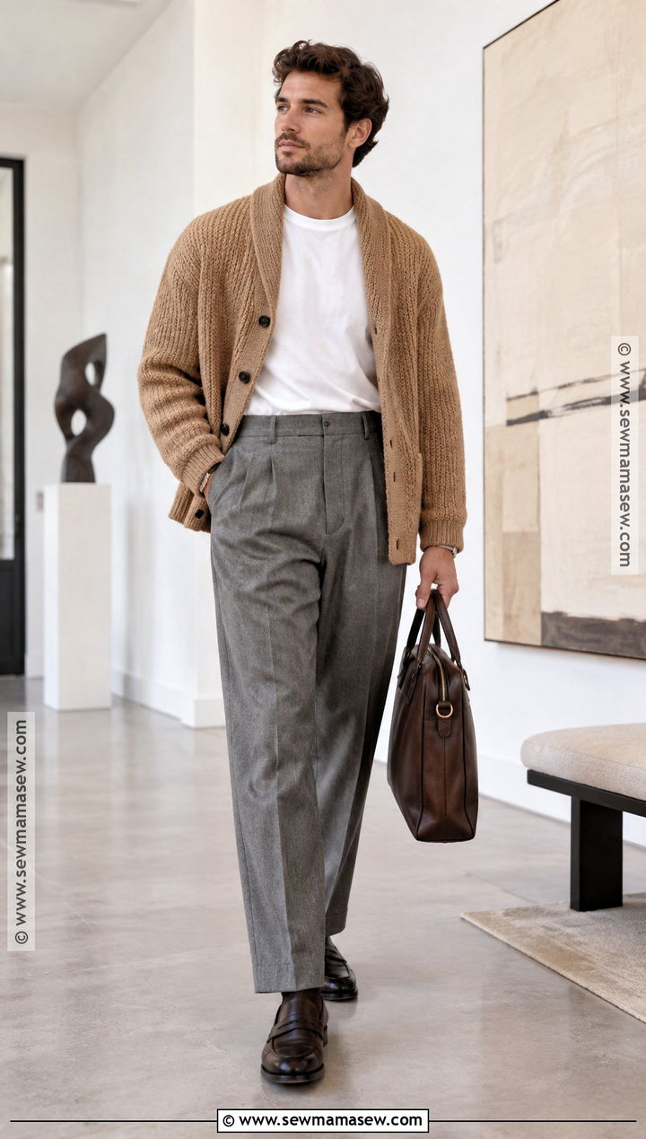 Mens Cardigan With Pleated Trousers - 15 men's fall fashion clothing ideas