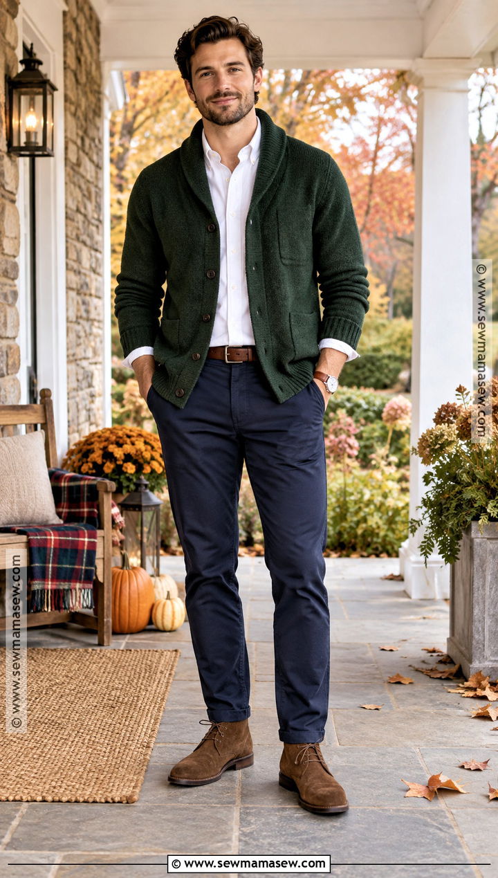 Mens Cardigan and Oxford Shirt Outfit - 15 Fall Engagement Outfits for Men