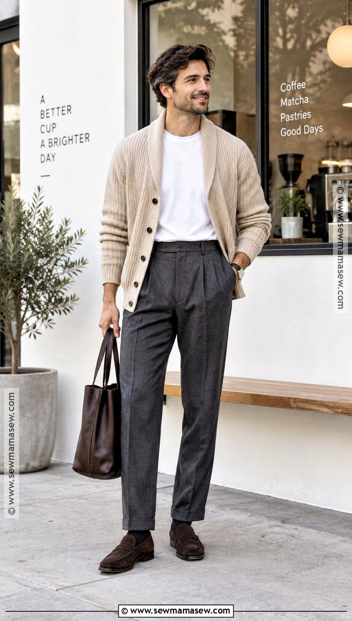 Mens Cardigan and Pleated Trousers Fall Outfit - 25 fall outfits men autumn