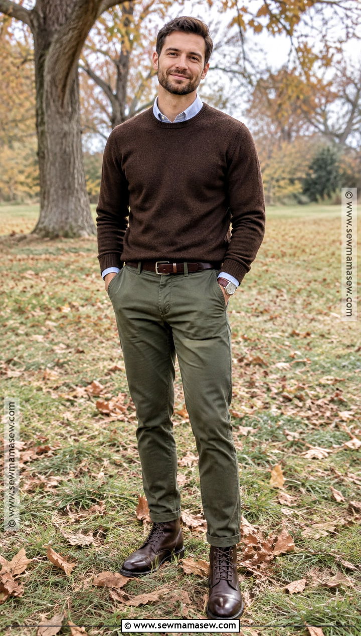 Mens Chocolate Sweater With Olive Chinos - 15 mens fall family photo outfit ideas