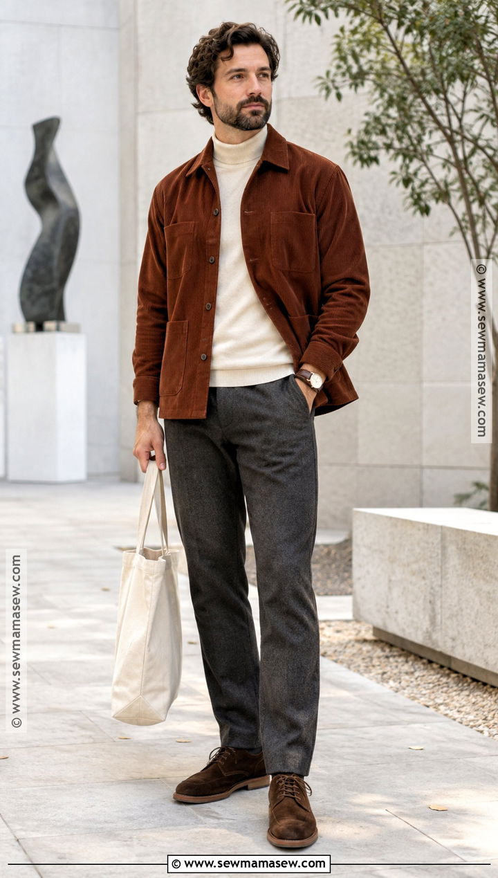 Mens Corduroy Shirt Jacket With Trousers And Sneakers - 15 men fall fashion casual ideas