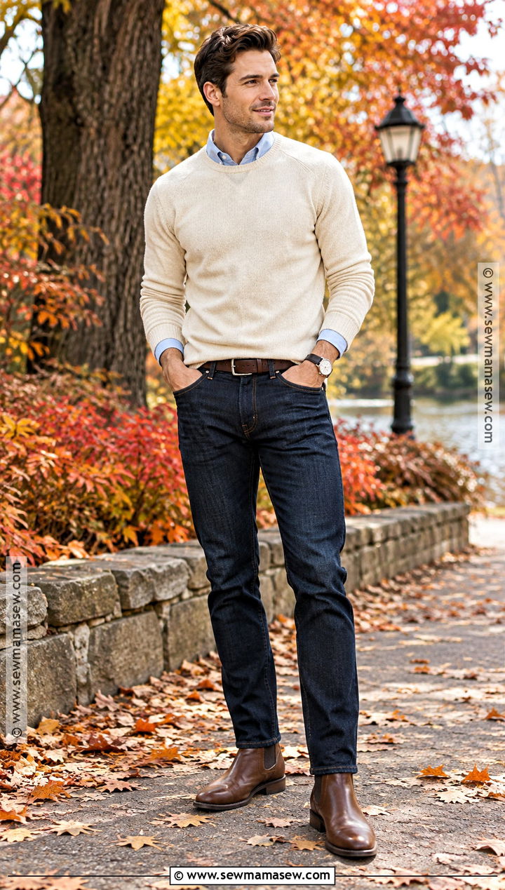 Mens Cream Sweater and Dark Jeans Outfit - 15 Fall Engagement Outfits for Men