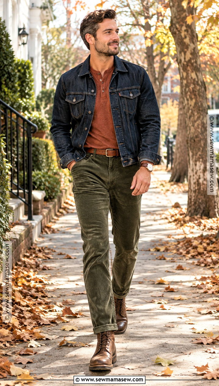 Mens Denim Jacket And Corduroy Pants Fall Outfit - 15 fall male outfits casual