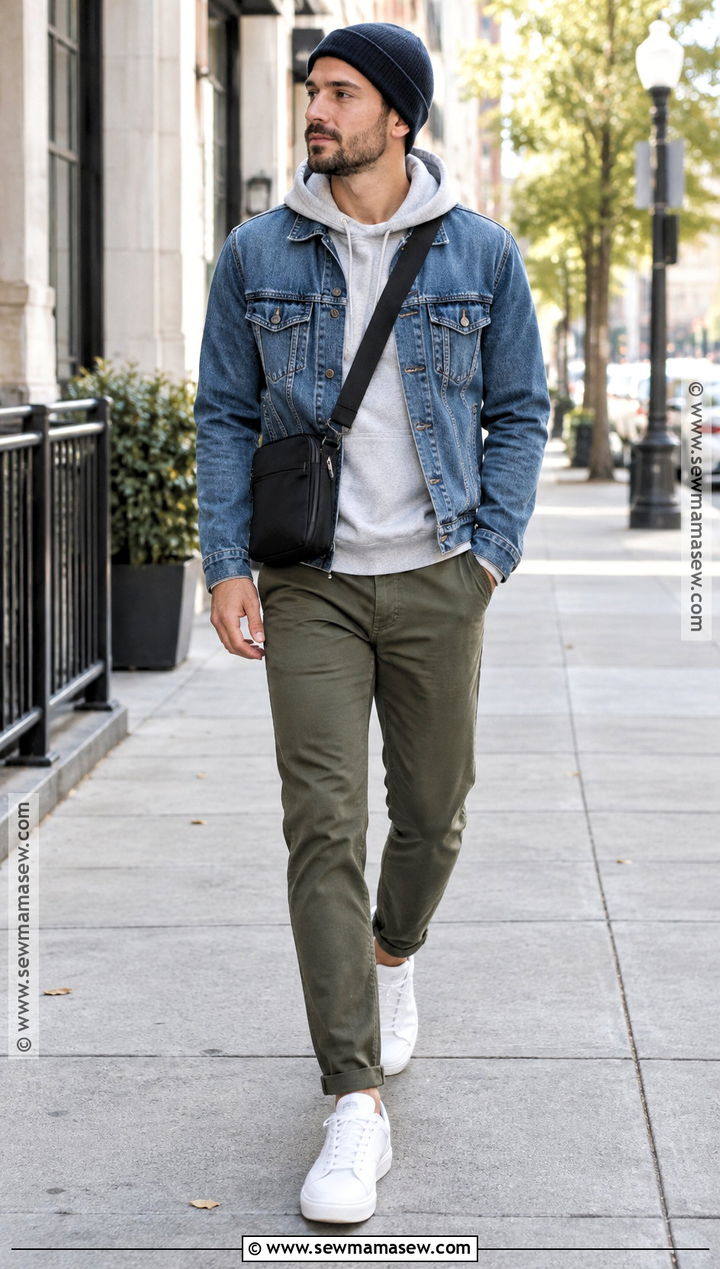 Mens Denim Jacket And Hoodie Fall Outfit - 25 casual fall outfits for men