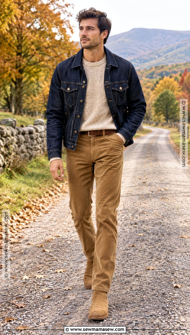 Mens Denim Jacket and Corduroy Pants Outfit - 15 Fall Engagement Outfits for Men