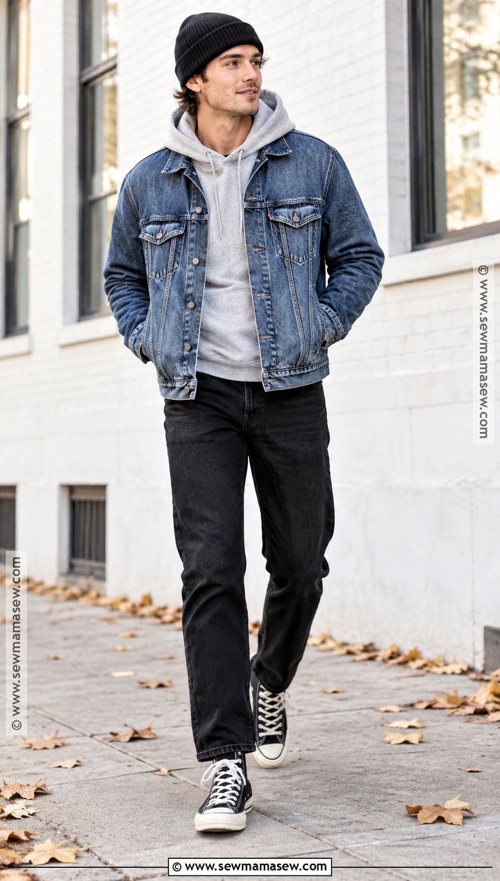 Mens Denim Jacket and Hoodie Fall Outfit - 25 male fall outfits