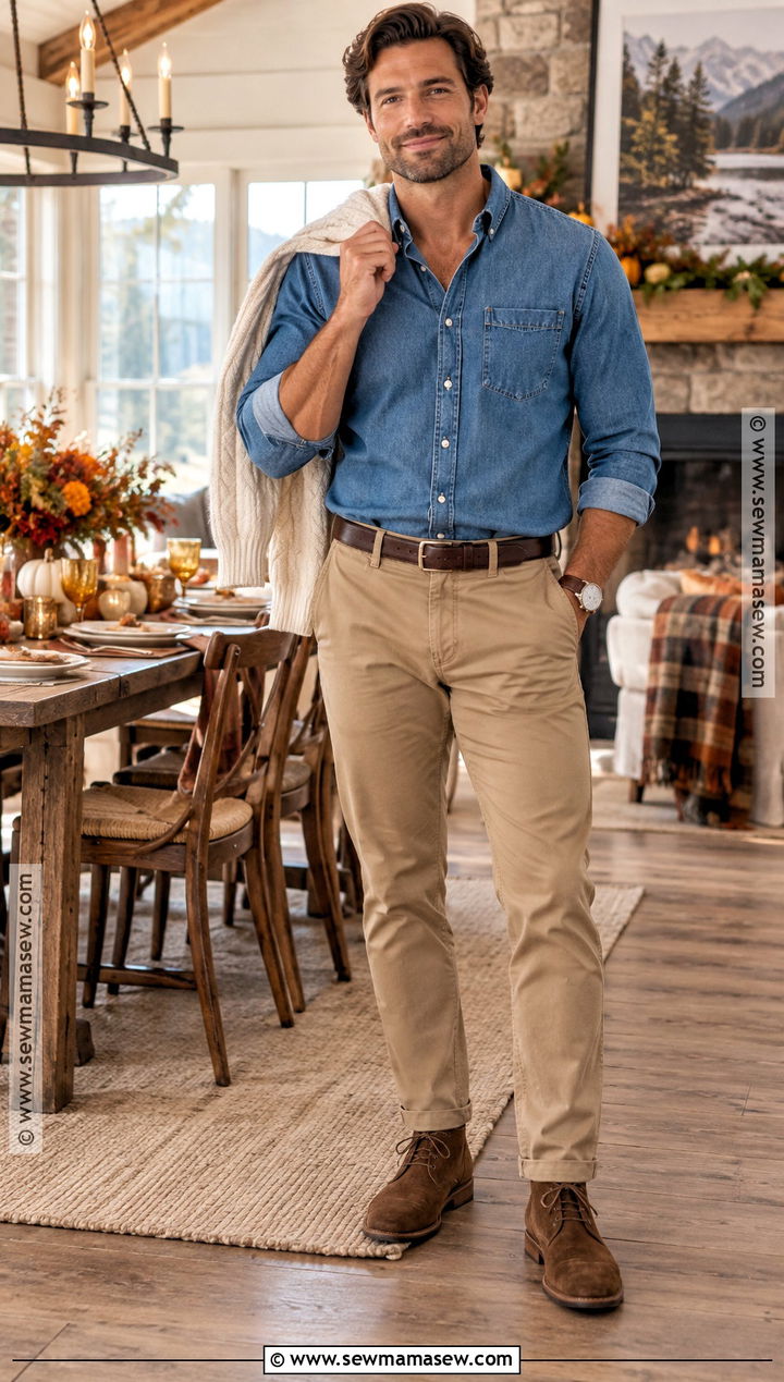 Mens Denim Shirt And Chinos Thanksgiving Outfit - 25 Men Thanksgiving Outfit Ideas