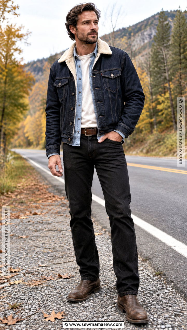 Mens Double Denim and Shearling Jacket Fall Outfit - 25 male fall outfits