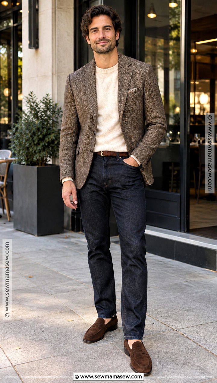 Mens Fall Blazer And Dark Denim Outfit - 20 fall men outfits autumn