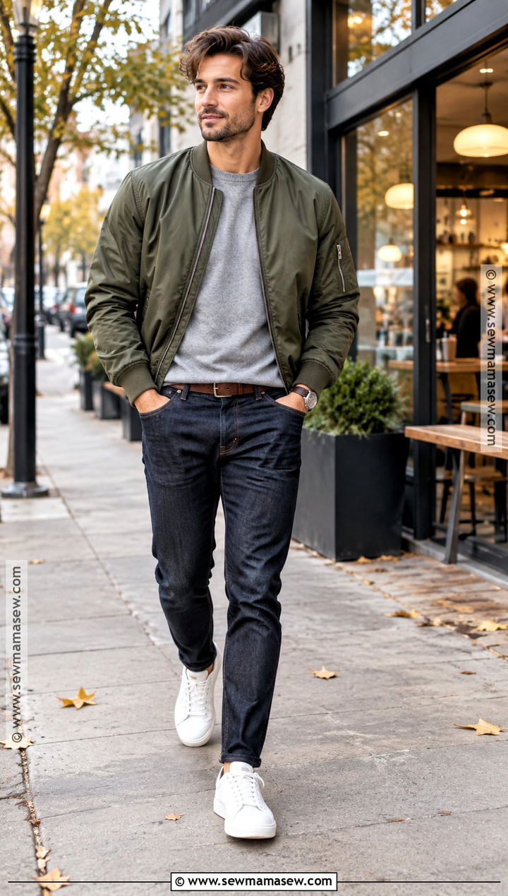Mens Fall Bomber Jacket And Dark Jeans Outfit - 15 men fall attire ideas