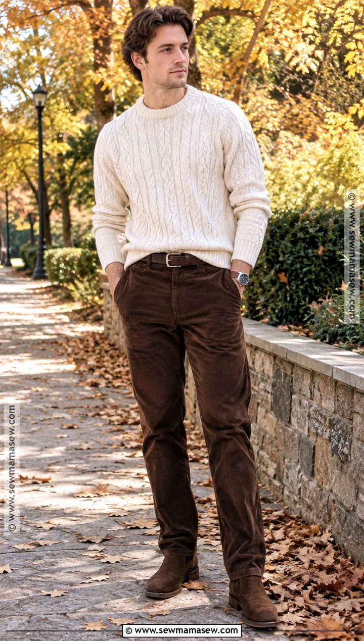 Mens Fall Cable Knit Sweater And Corduroy Pants Outfit - 15 men fall attire ideas