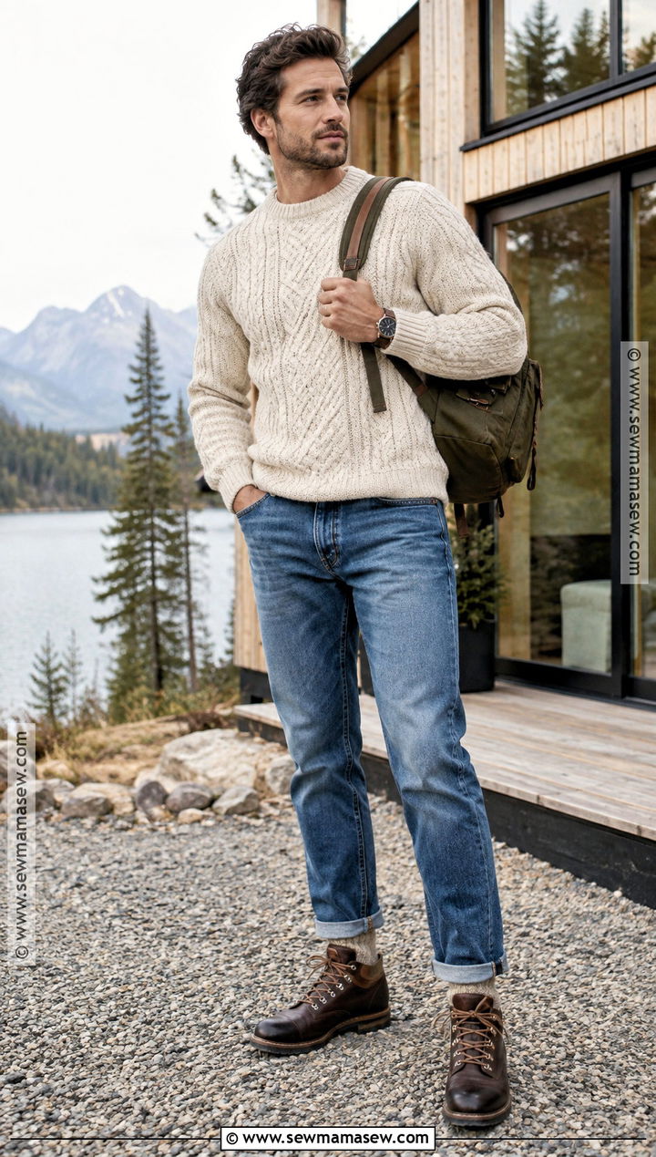 Mens Fall Cable Knit Sweater Outfit - 20 Men Fall Style Ideas