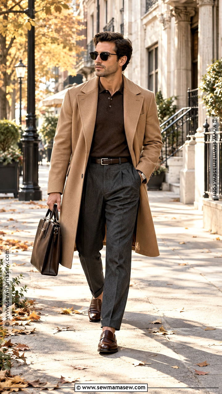 Mens Fall Camel Coat And Knit Polo Outfit - 20 men fall outfits dressy