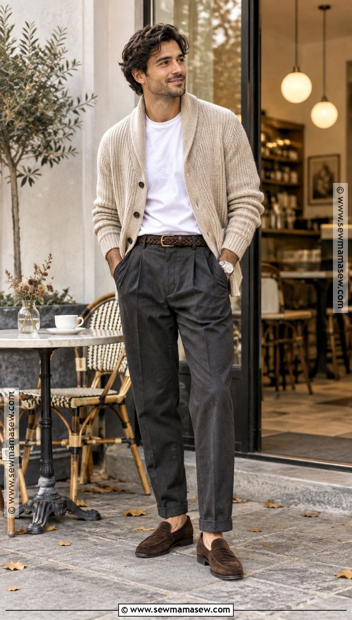 Mens Fall Cardigan and Pleated Trousers Outfit - 15 Male Fashion Fall Ideas 2026