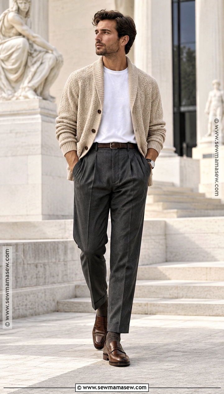 Mens Fall Cardigan and Pleated Trousers Outfit - 15 men's fall fashion ideas 2026