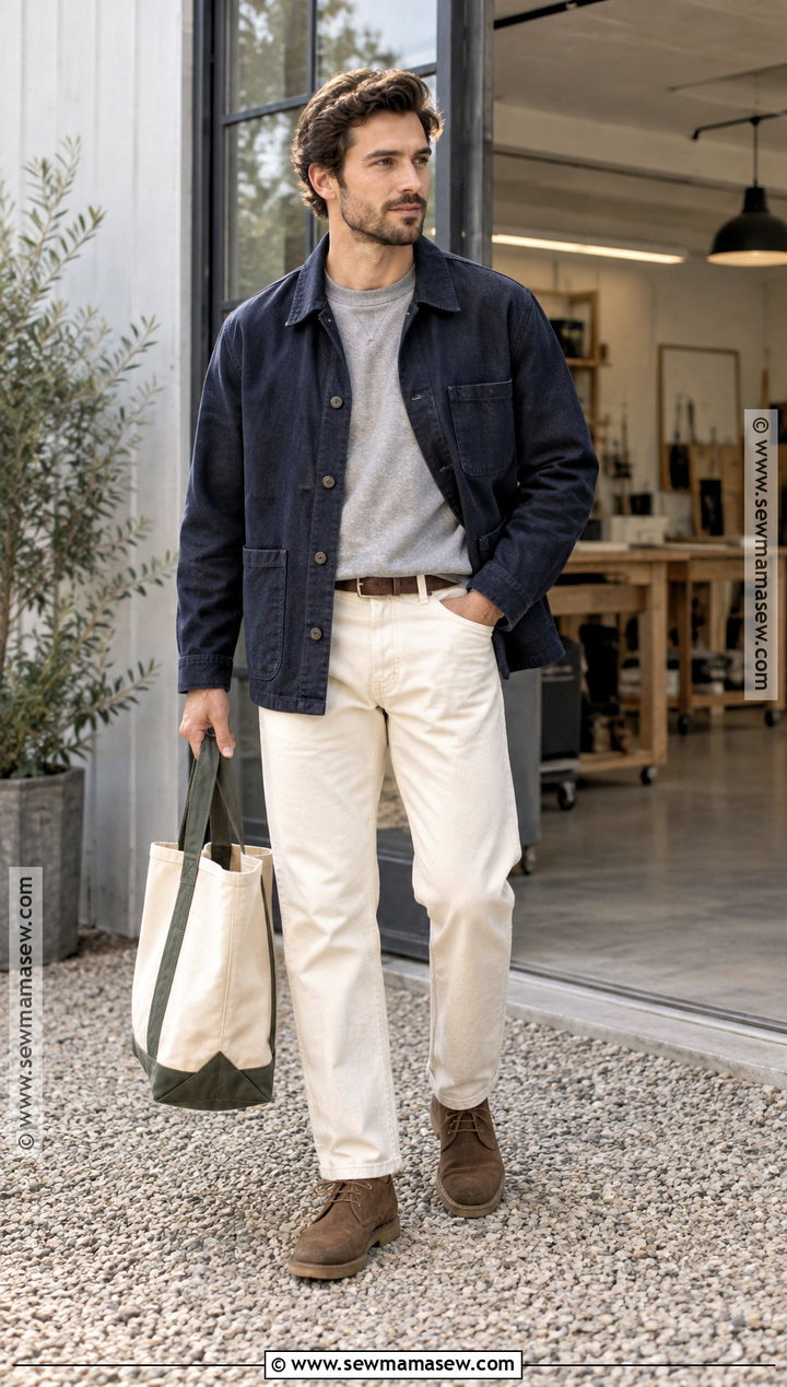 Mens Fall Chore Coat and Cream Pants Outfit - 15 Fall Wear Ideas for Men