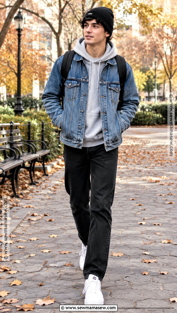 Mens Fall Denim Jacket And Hoodie Outfit - 20 Men Fall Style Ideas