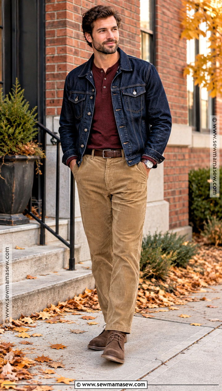 Mens Fall Denim Jacket and Corduroy Pants Outfit - 15 Fall Wear Ideas for Men