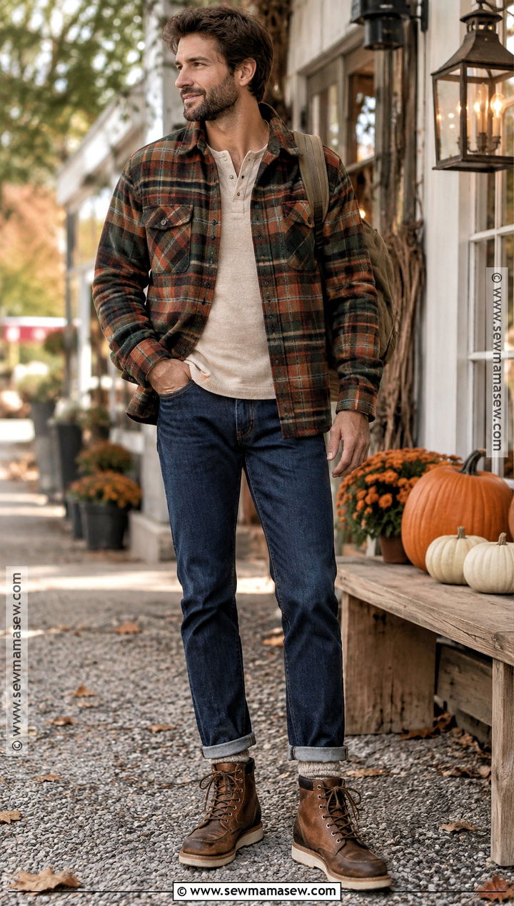 Mens Fall Flannel Overshirt Outfit - 20 outfit inspo fall ideas for men
