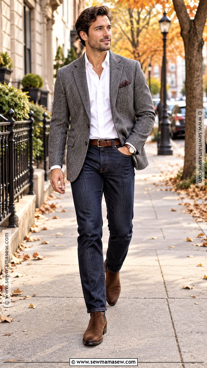 Mens Fall Herringbone Blazer And Dark Jeans Outfit - 20 men fall outfits dressy