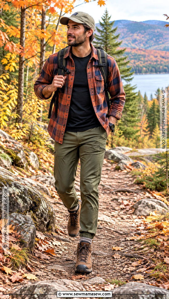 Mens Fall Hiking Outfit With A Flannel Overshirt - 15 mens hiking outfit fall ideas