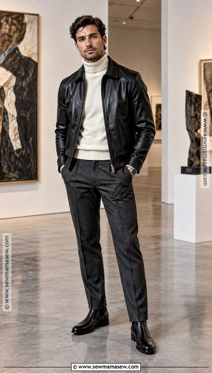 Mens Fall Leather Jacket And Turtleneck Outfit - 15 Mens Fall Clothing Ideas