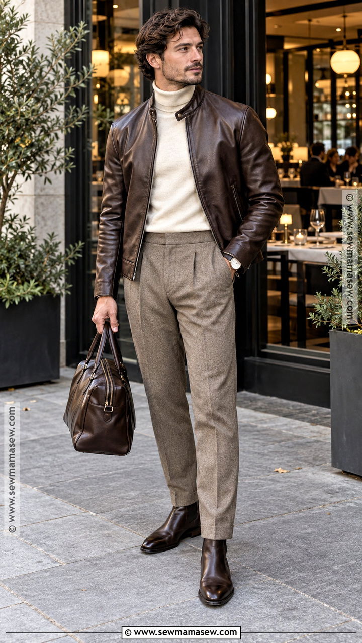Mens Fall Leather Jacket And Wool Trousers Outfit - 20 men fall outfits dressy