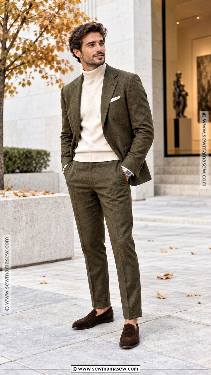 Mens Fall Olive Suit And Cream Knit Outfit - 20 men fall outfits dressy