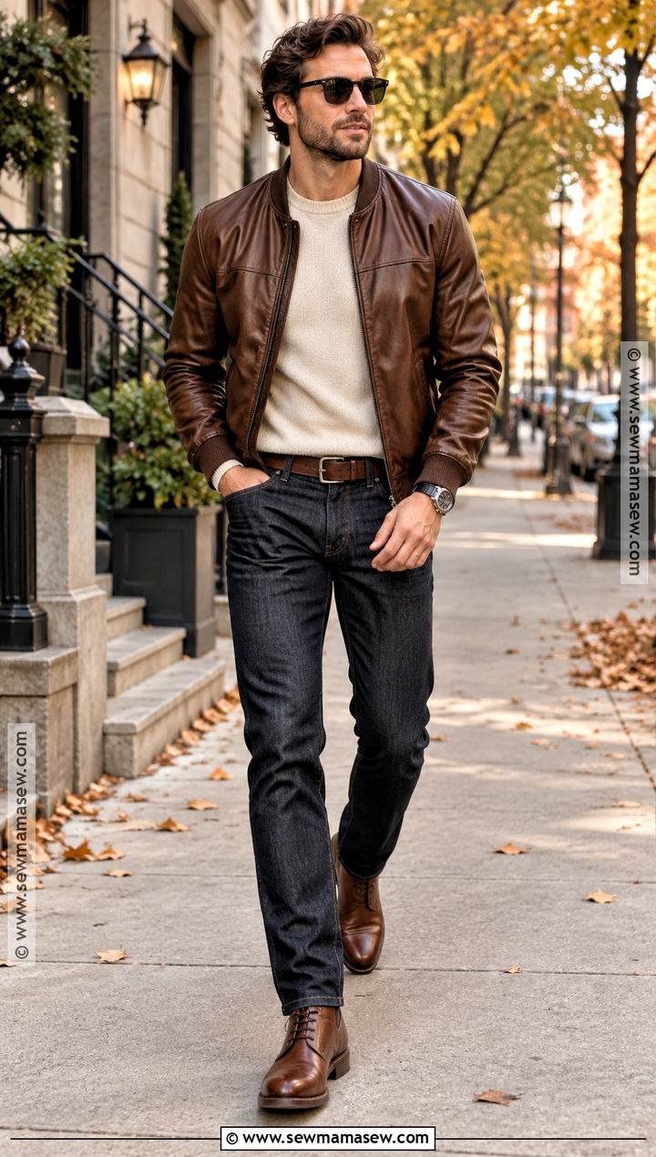 Mens Fall Outfit With Leather Bomber Jacket - 15 fall outfits for men 2026