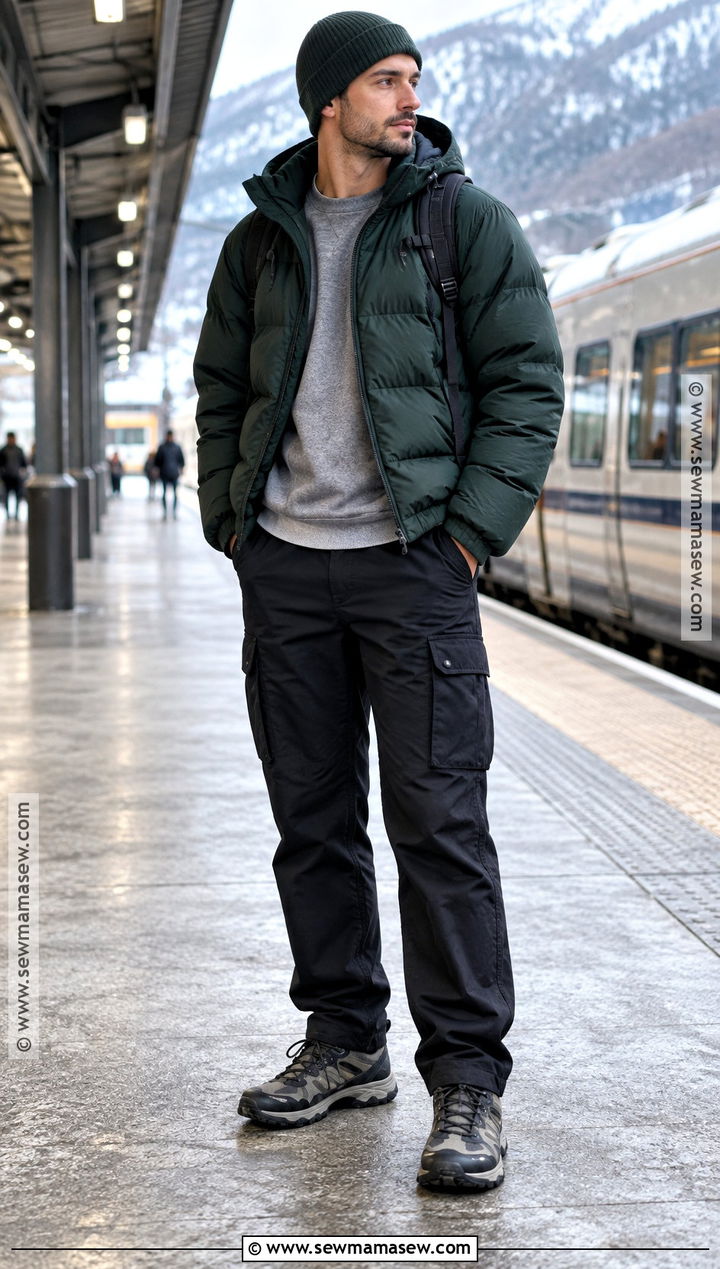 Mens Fall Puffer Jacket And Cargo Pants Outfit - 15 Mens Fall Clothing Ideas