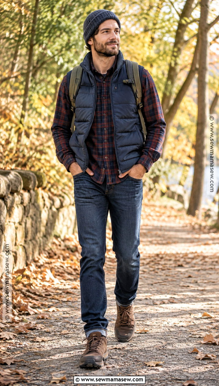 Mens Fall Puffer Vest And Flannel Outfit - 15 mens fall capsule wardrobe ideas