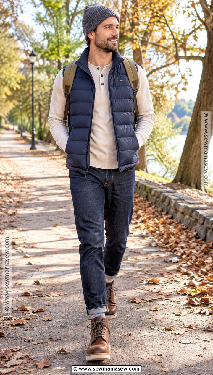 Mens Fall Puffer Vest And Henley Outfit - 15 men fall attire ideas