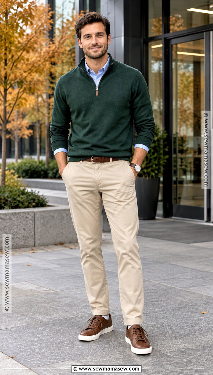 Mens Fall Quarter Zip Sweater And Chinos Outfit - 20 fall men outfits autumn