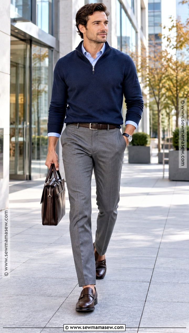 Mens Fall Quarter Zip Sweater And Trousers Outfit - 15 men fall attire ideas