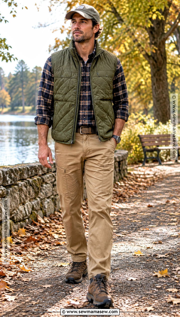Mens Fall Quilted Vest and Fatigue Pants Outfit - 15 Fall Wear Ideas for Men