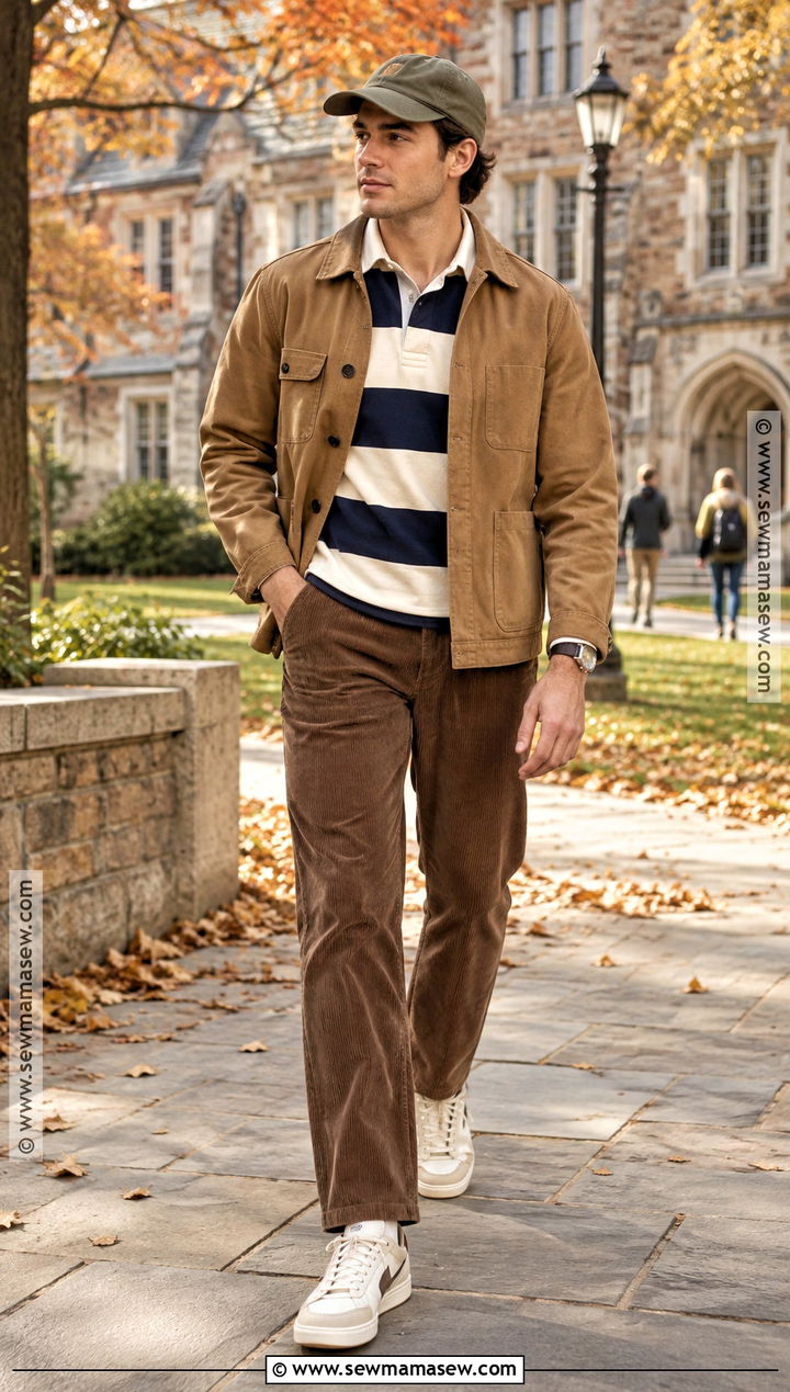 Mens Fall Rugby Shirt And Corduroy Pants Outfit - 15 Mens Fall Clothing Ideas