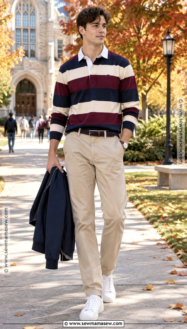 Mens Fall Rugby Shirt And Khaki Pants Outfit - 20 fall men outfits autumn
