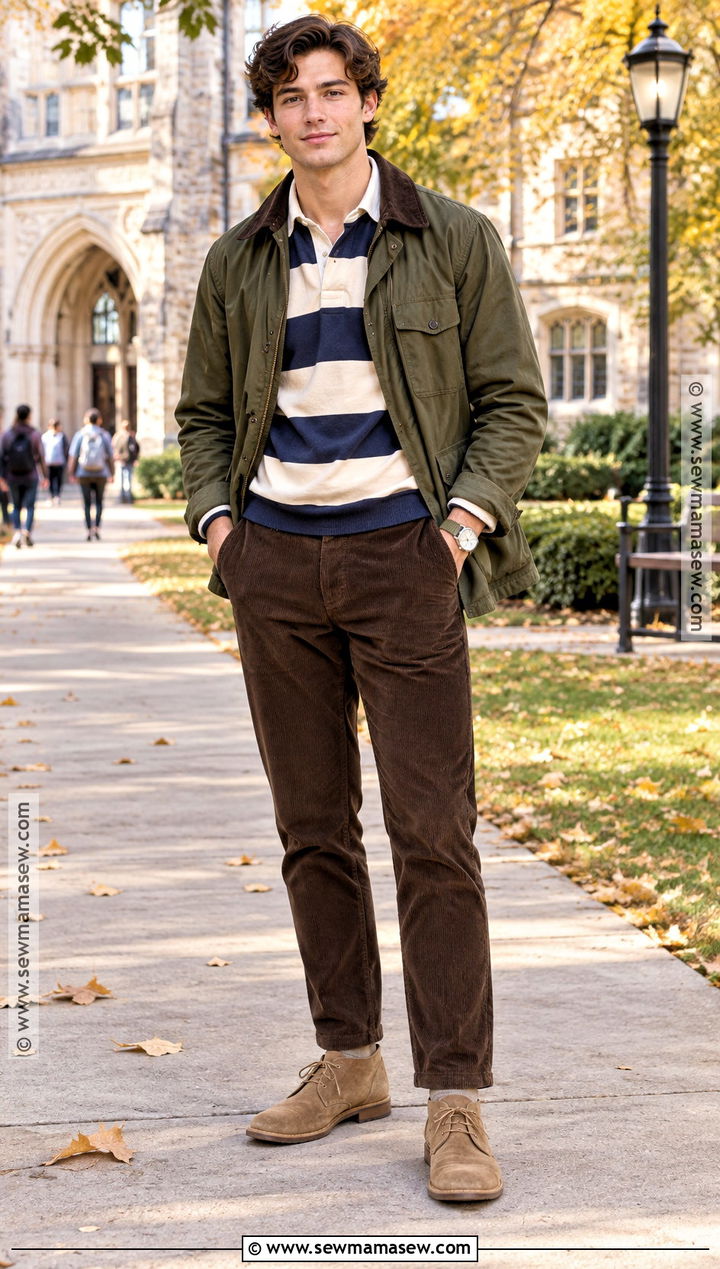 Mens Fall Rugby Shirt and Corduroy Outfit - 15 Fall Wear Ideas for Men