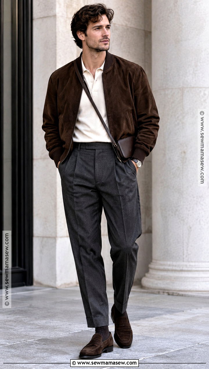 Mens Fall Suede Bomber Jacket Outfit - 20 Men Fall Style Ideas