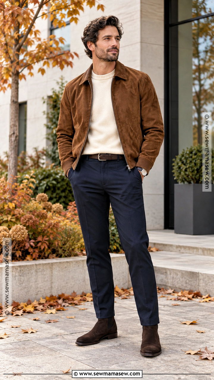 Mens Fall Suede Jacket And Merino Sweater Outfit - 20 men fall outfits dressy