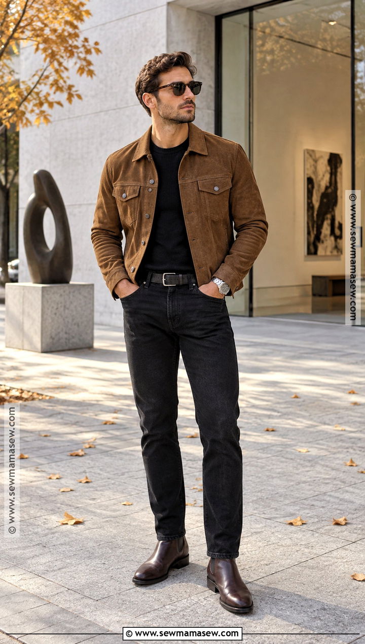 Mens Fall Suede Jacket and Black Jeans Outfit - 15 Fall Fashion Ideas for Men 2026