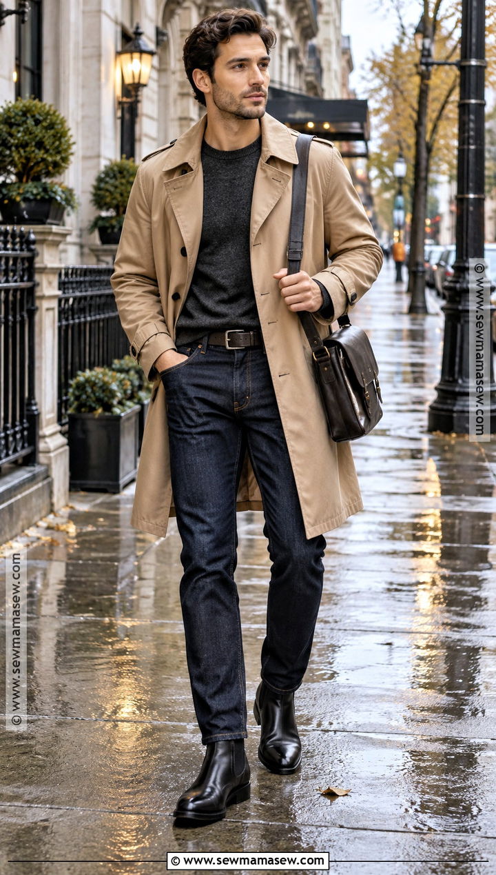 Mens Fall Trench Coat And Dark Jeans Outfit - 15 Mens Fall Clothing Ideas