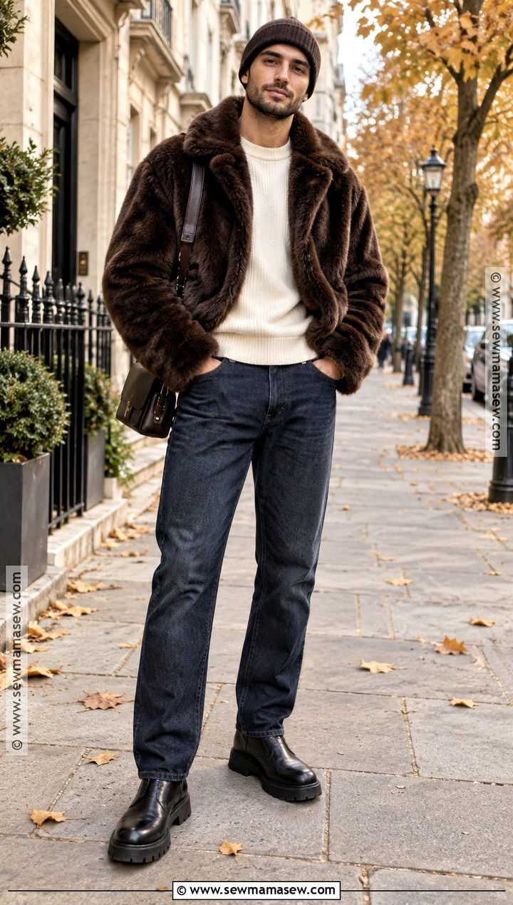 Mens Faux Fur Jacket and Dark Jeans Outfit - 15 Fall Outfits 2026 Trends for Men