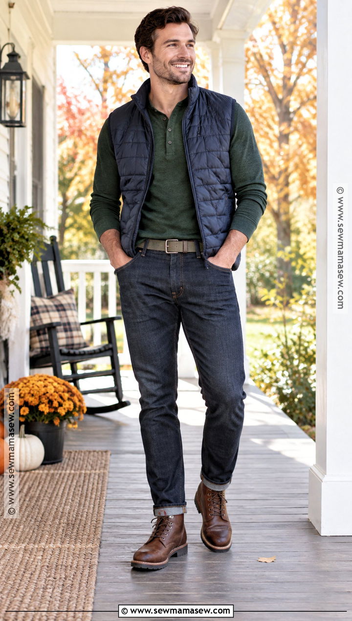 Mens Henley And Quilted Vest Thanksgiving Outfit - 25 Men Thanksgiving Outfit Ideas