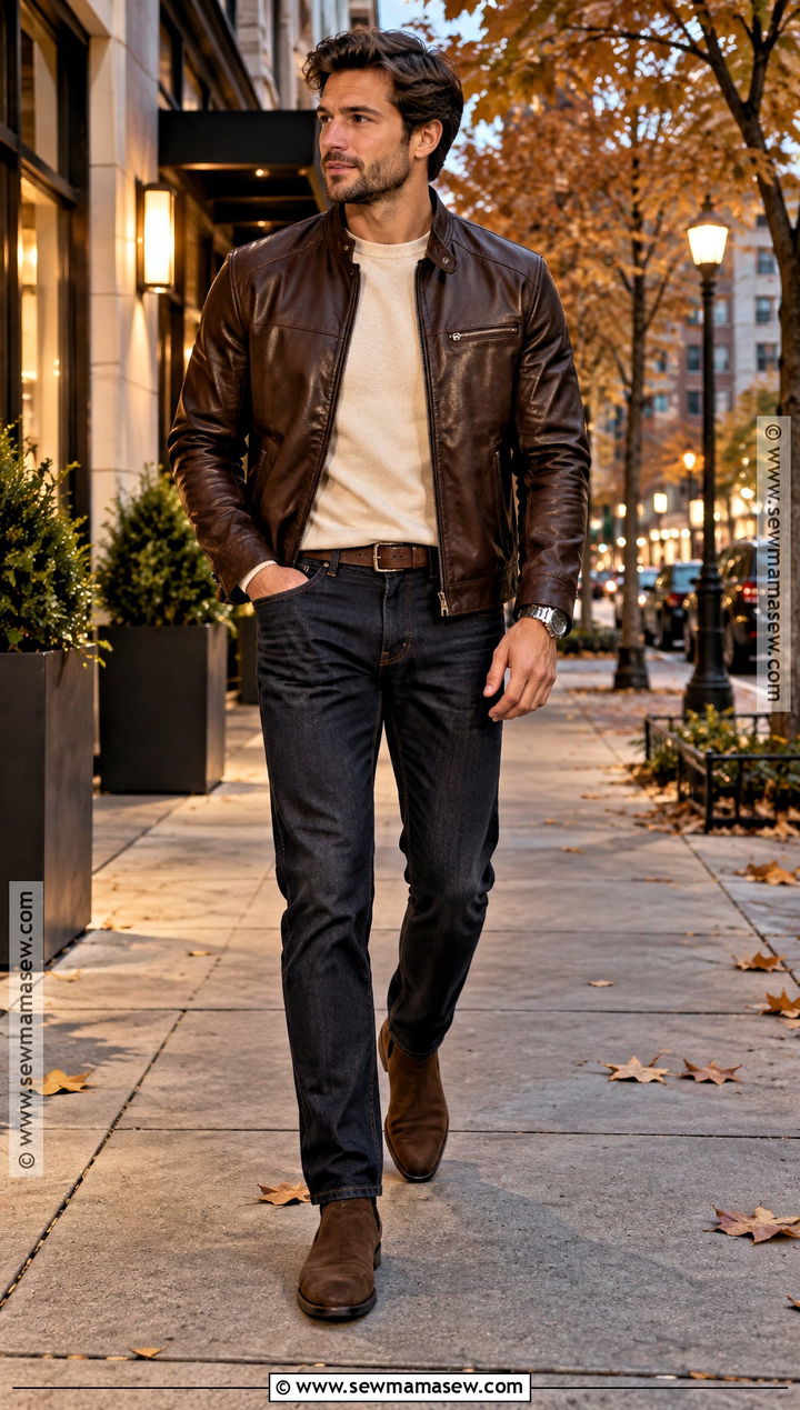 Mens Leather Jacket And Sweater Fall Outfit - 25 casual fall outfits for men