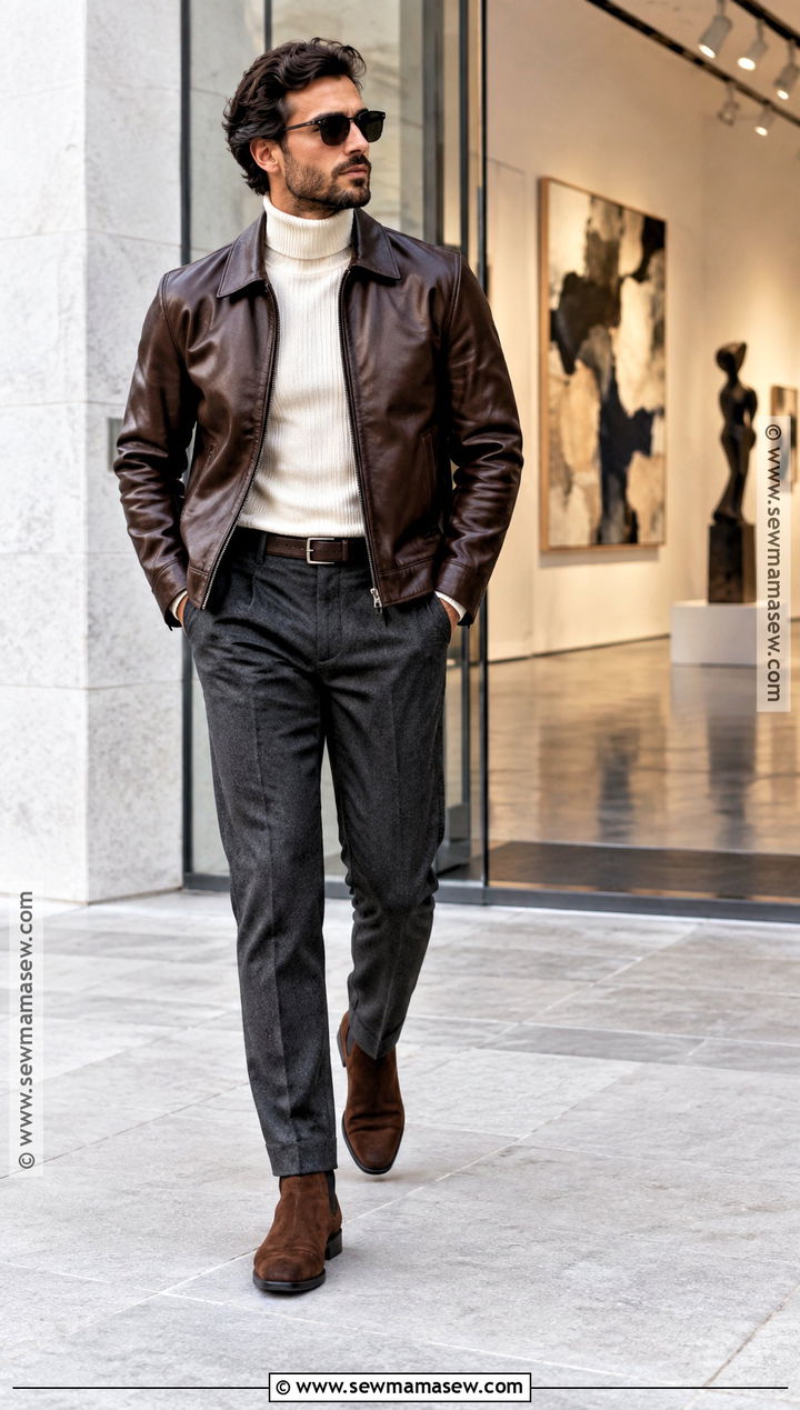 Mens Leather Jacket And Turtleneck Fall Outfit - 15 Men's Casual Style Fall Ideas
