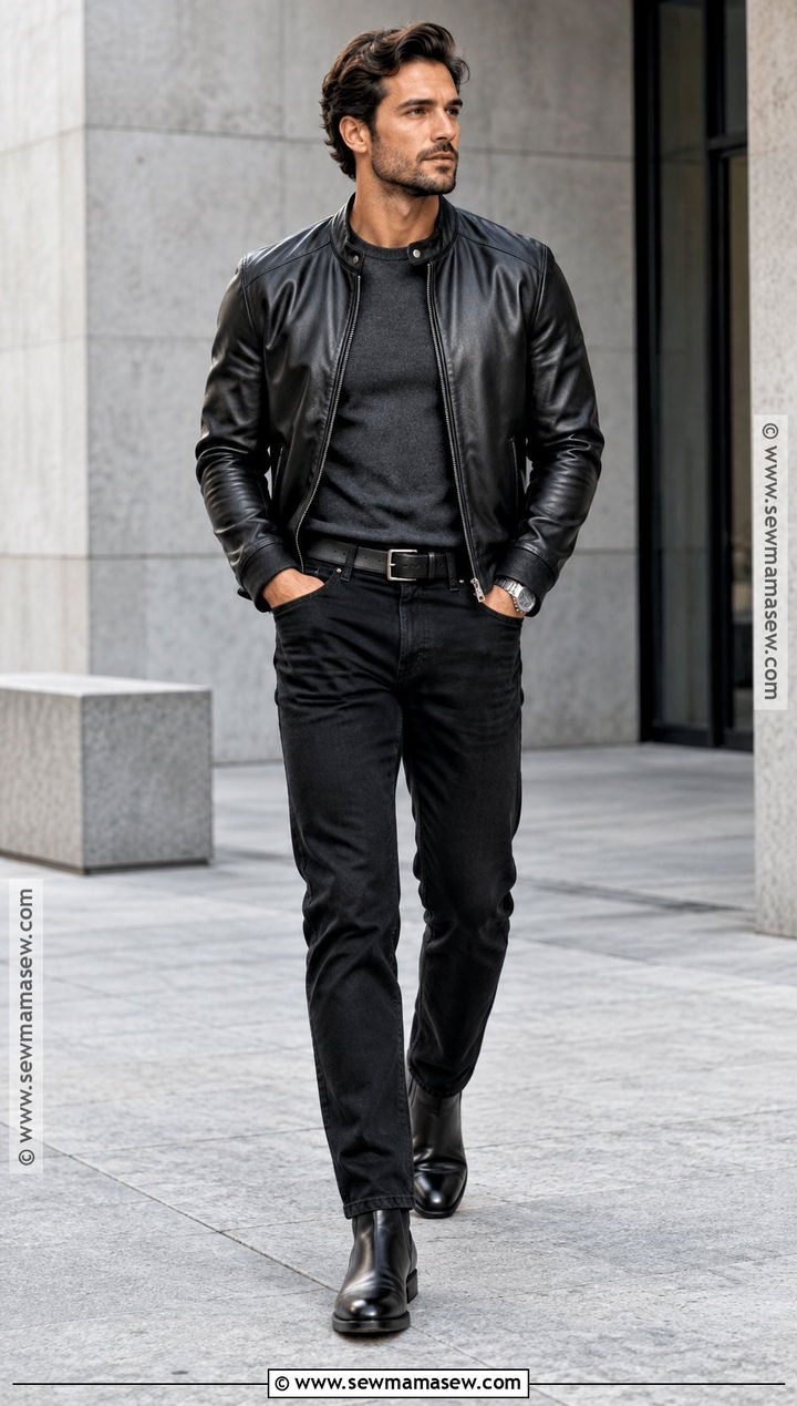 Mens Leather Jacket and Black Jeans Fall Outfit - 20 men fall fits