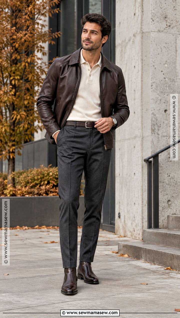 Mens Leather Jacket and Knit Polo Outfit - 15 Fall Engagement Outfits for Men