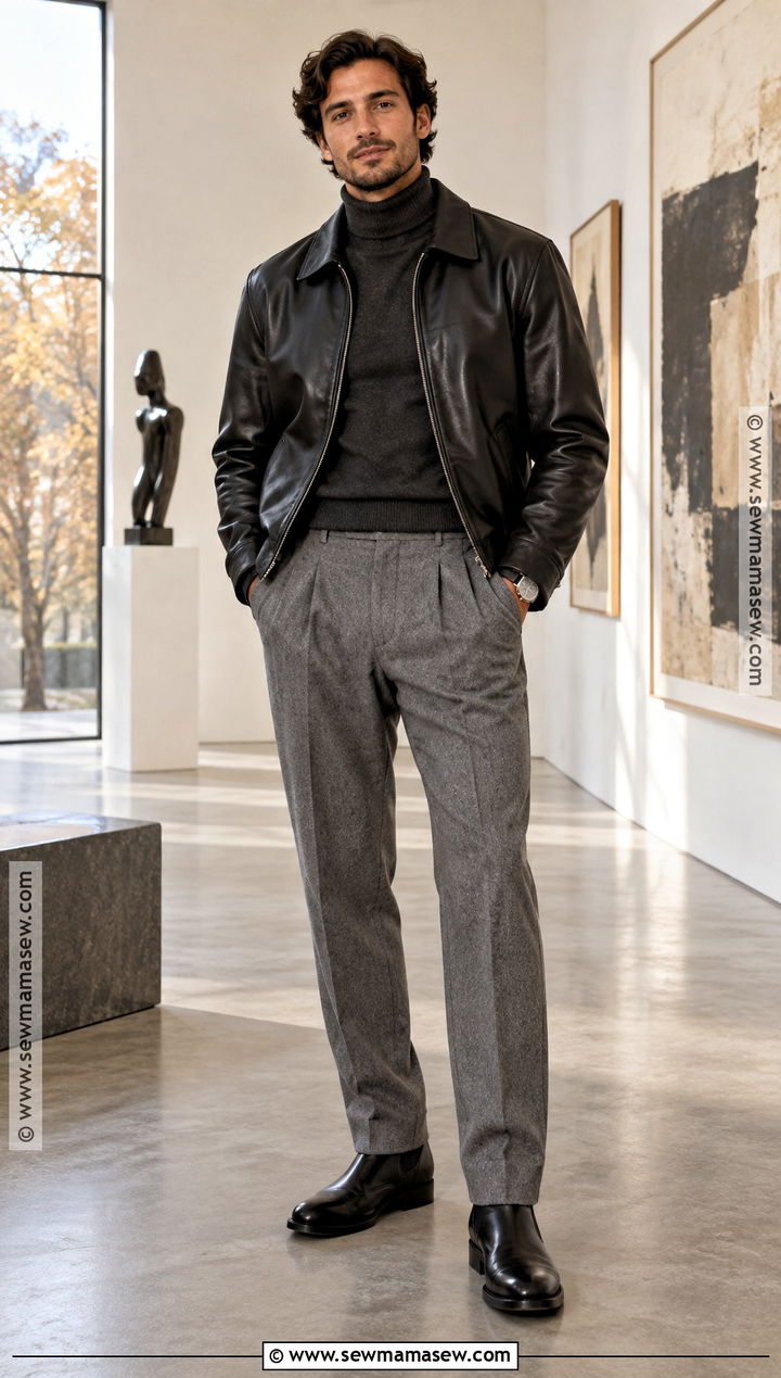 Mens Leather Jacket and Turtleneck Fall Outfit - 25 male fall outfits